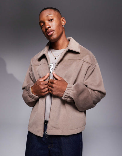 Oversized Boxy Textured Fleece Harrington Shacket