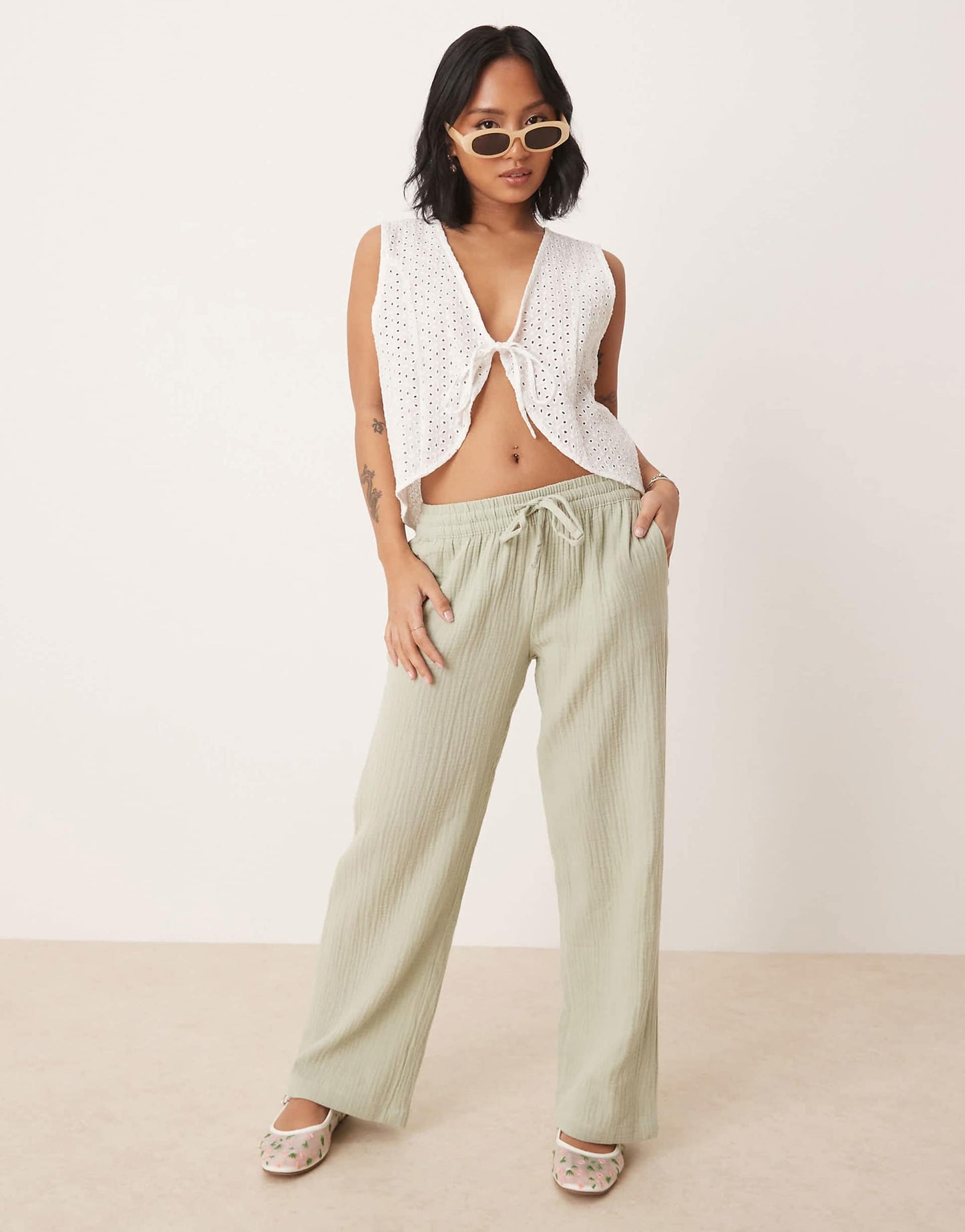 Petite Wide Leg Cheesecloth Trousers