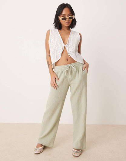 Petite Wide Leg Cheesecloth Trousers