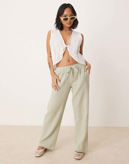 Petite Wide Leg Cheesecloth Trousers