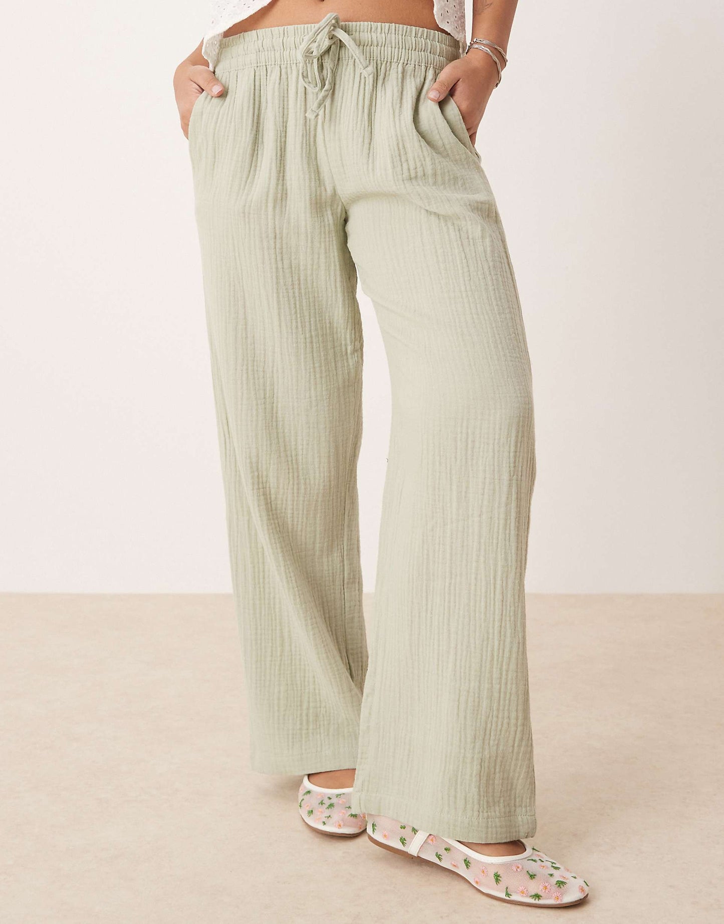 Petite Wide Leg Cheesecloth Trousers