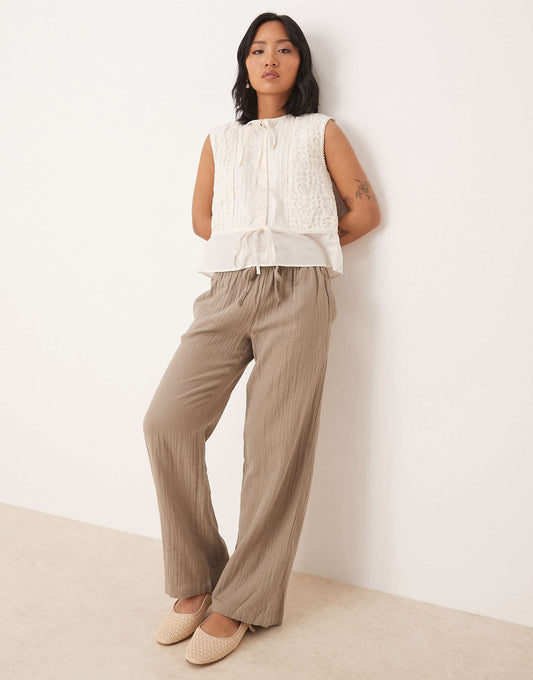 Petite Wide Leg Cheesecloth Trousers