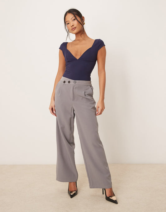 Petite Asymmetric Button Wide Leg Trousers