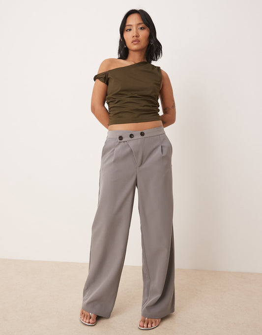 Petite Asymmetric Button Wide Leg Trousers