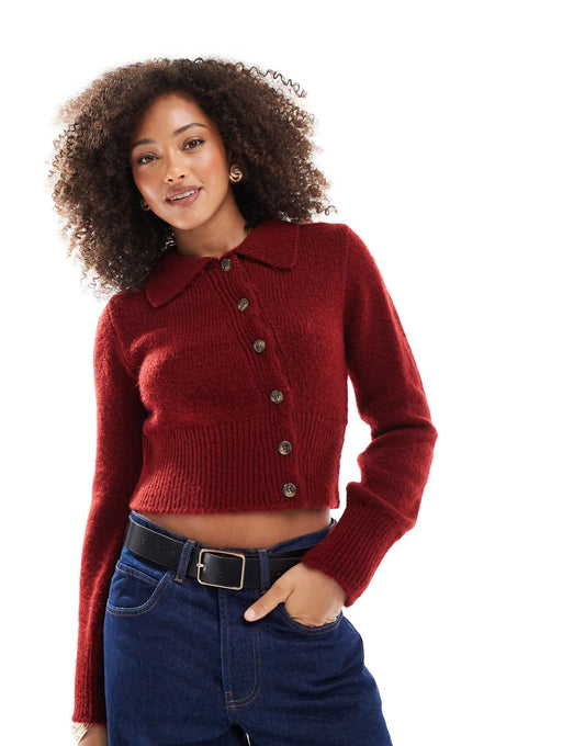 Collard Cardigan With Asymmetric Buttons