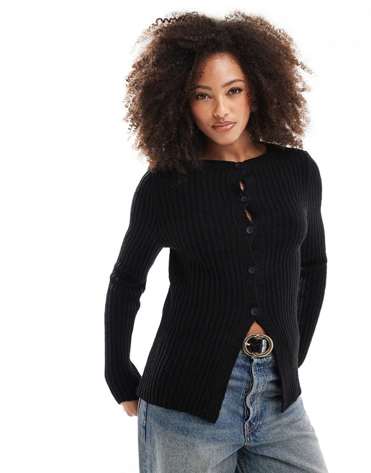 Crew Neck Cardigan With Split Hem