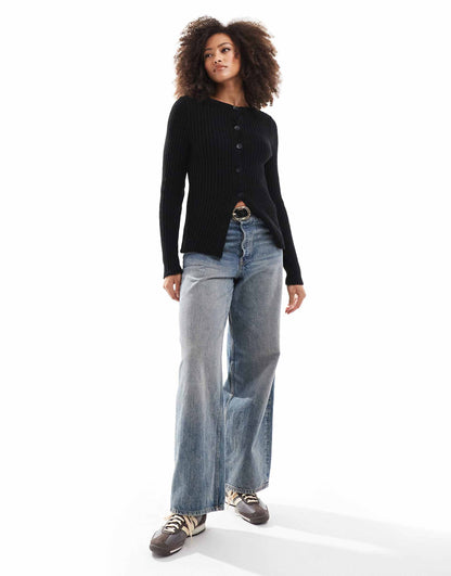 Crew Neck Cardigan With Split Hem