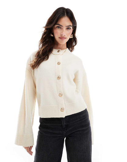 Crew Neck Cardigan With Gold Button Detail