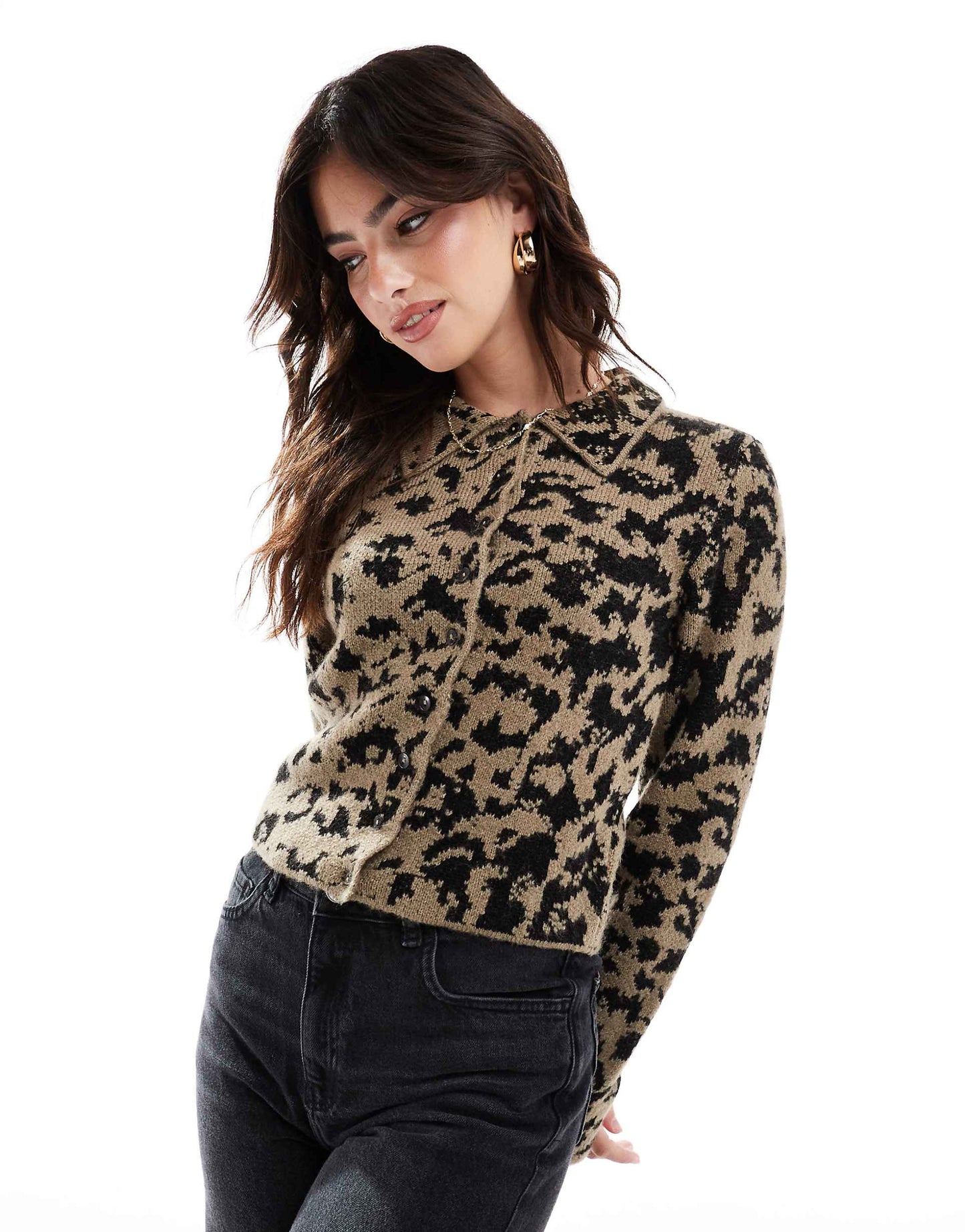 Knitted Leopard Print Collar Cardigan