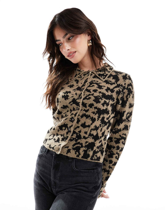 Knitted Leopard Print Collar Cardigan