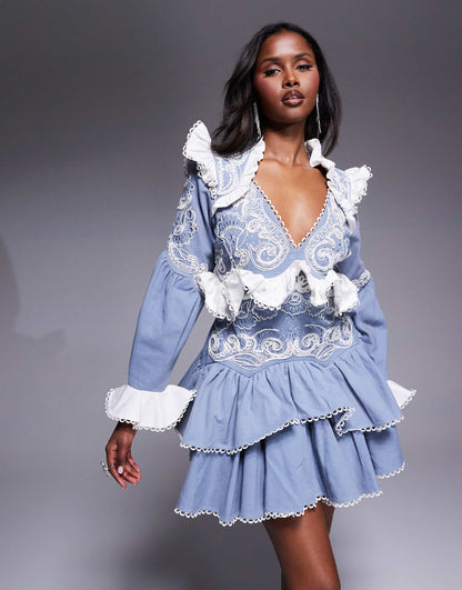 Cotton Twill Western Embroidered Mini Dress