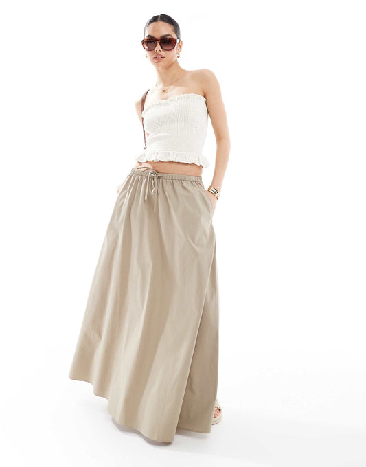 Cotton Tie Waist A Line Midi Skirt