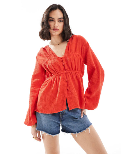 Long Sleeve Smock Top With Button Front