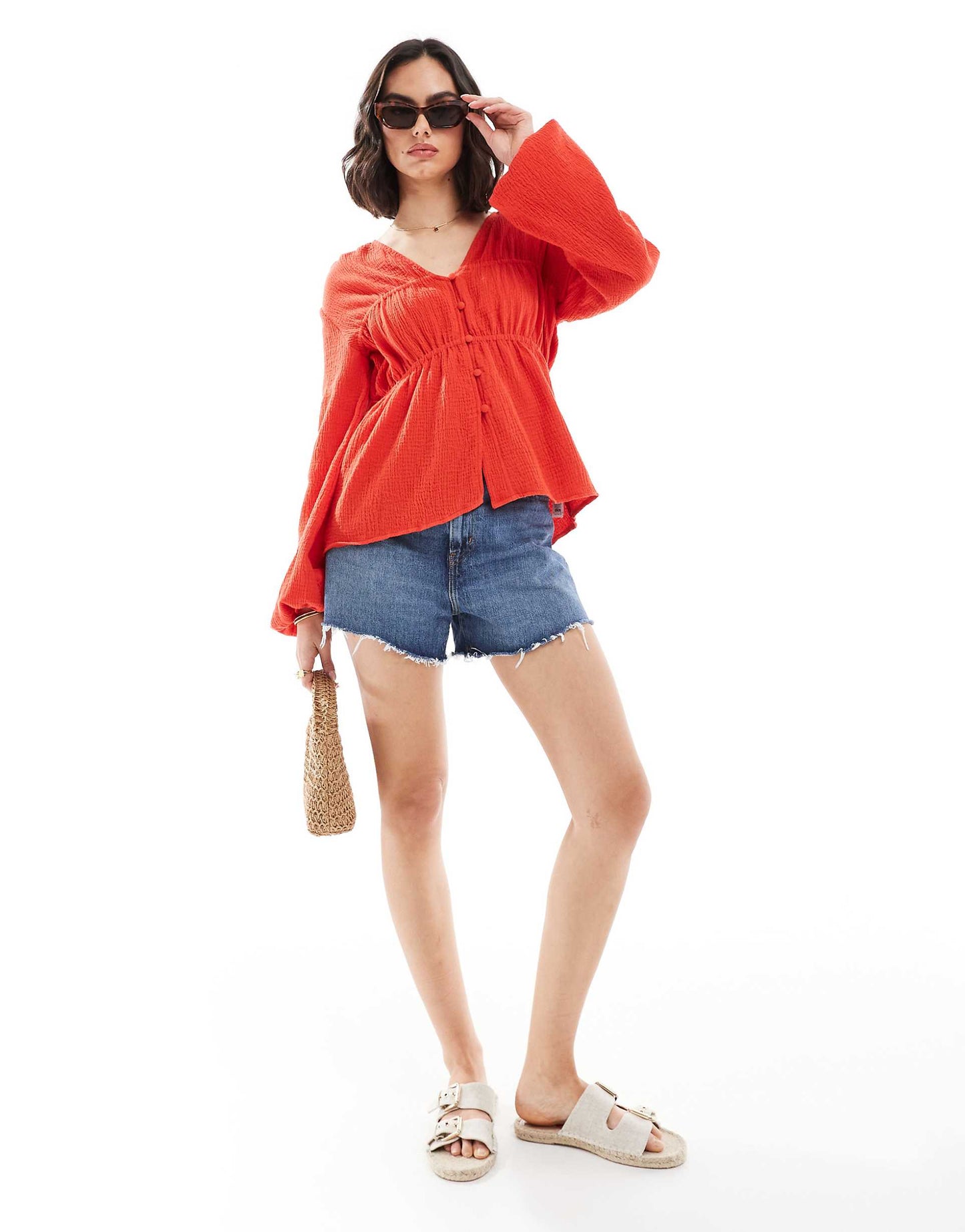 Long Sleeve Smock Top With Button Front