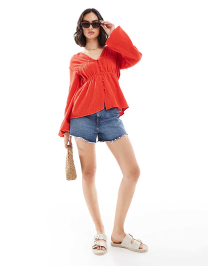 Long Sleeve Smock Top With Button Front