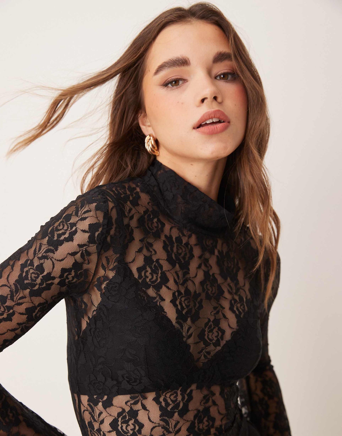 Sheer Lace Roll Neck With Flare Sleeve