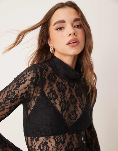 Sheer Lace Roll Neck With Flare Sleeve