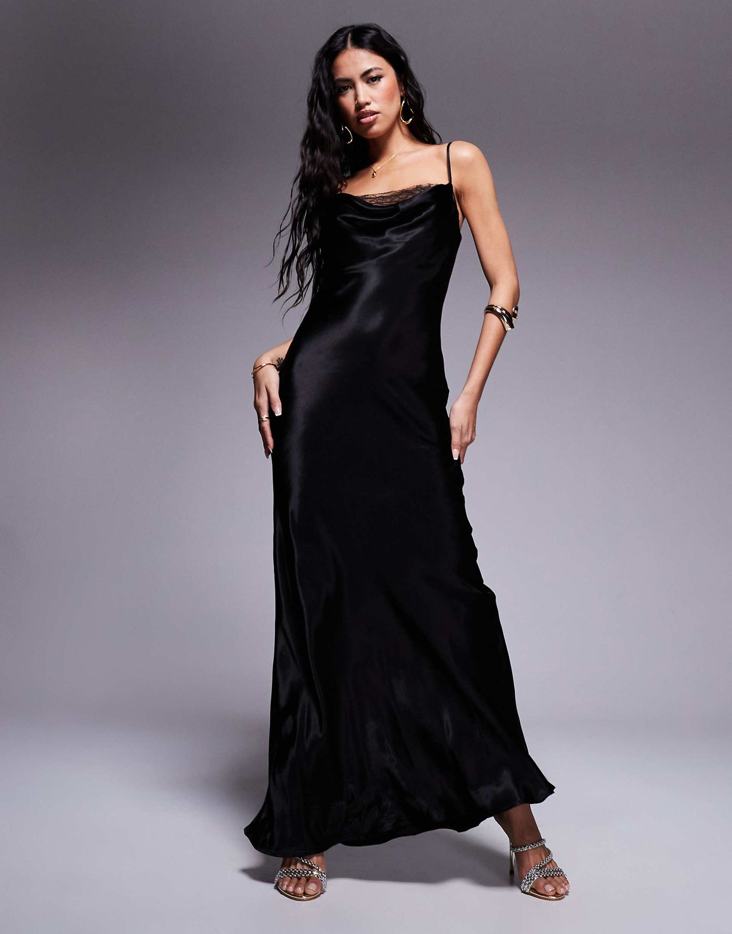 Satin Cowl Lace Insert Maxi Dress