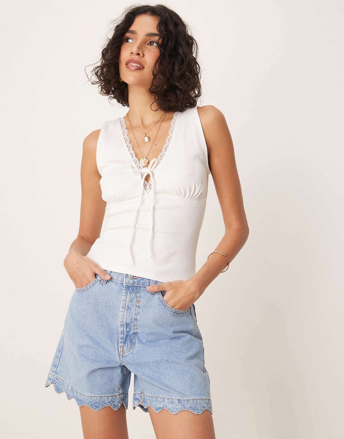 Denim Short With Scallop Hem