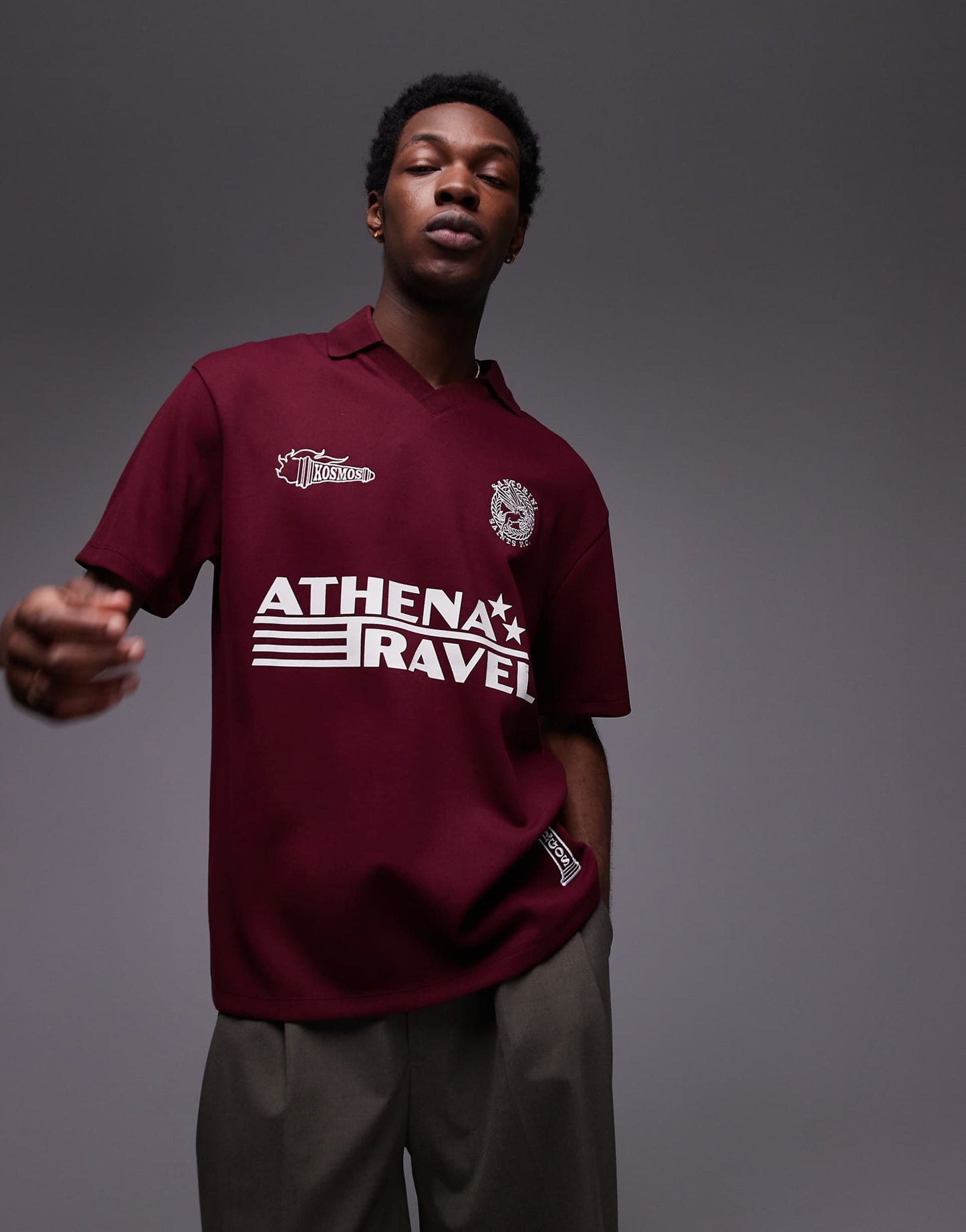 Premium Oversized Fit Polo With Front And Back Santorini Print And Embroidery