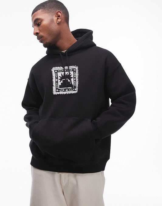 Oversized Fit Hoodie With Frayed Patch Embroidery