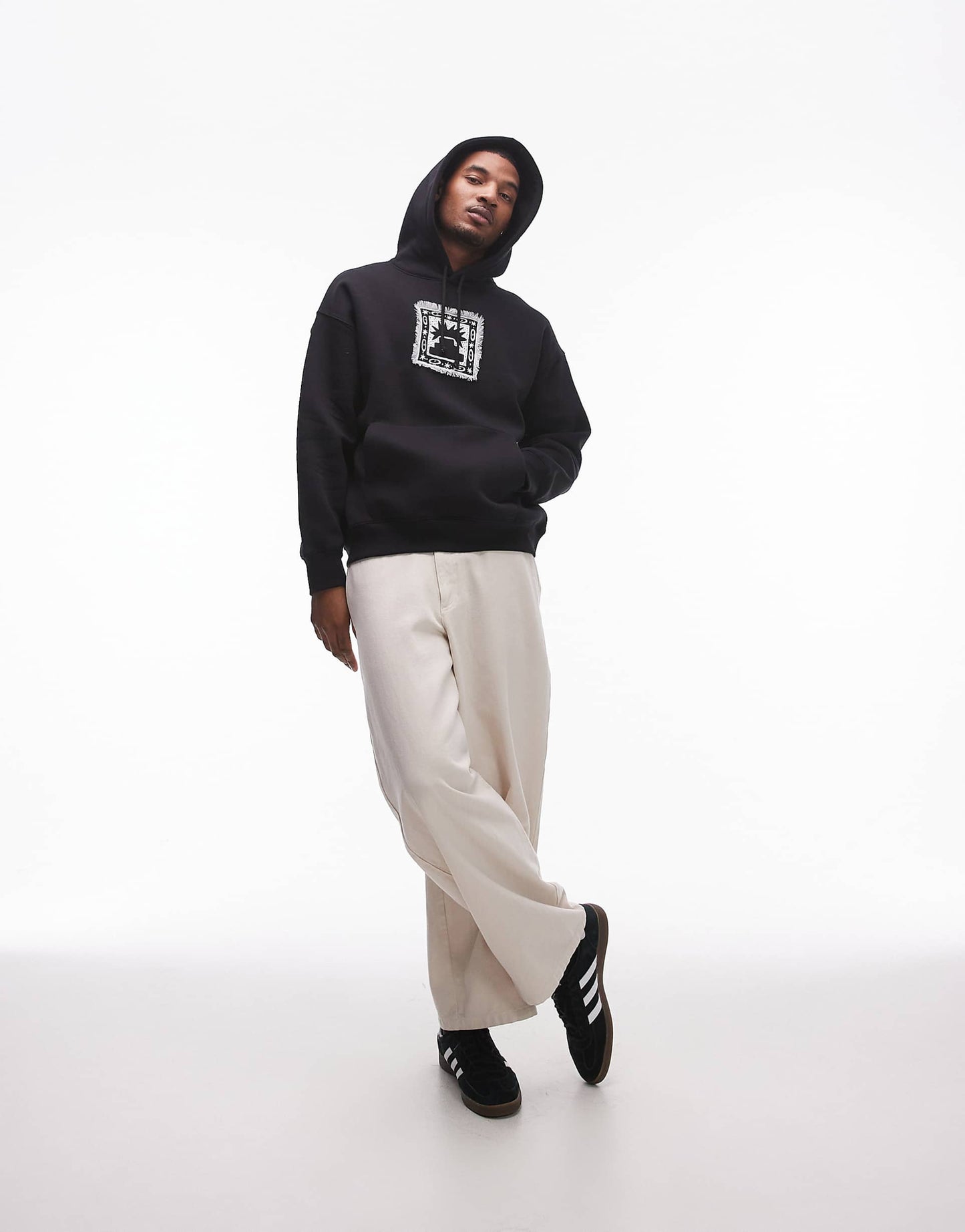 Oversized Fit Hoodie With Frayed Patch Embroidery