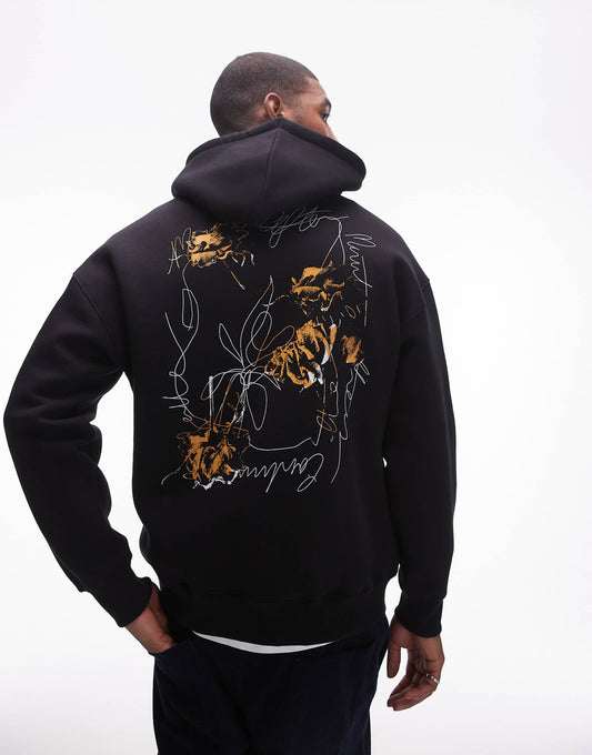 Oversized Fit Hoodie With Front And Back Roses Scribbles Print