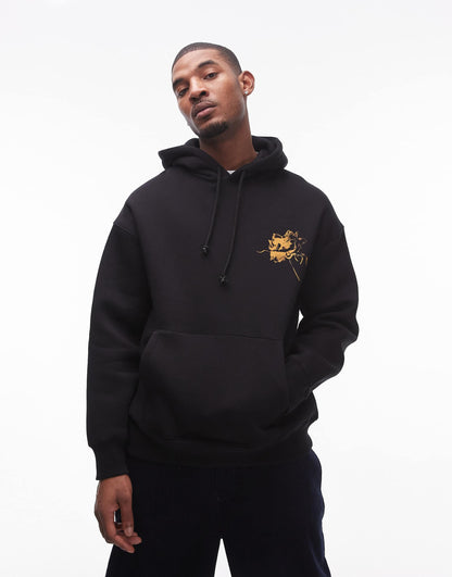 Oversized Fit Hoodie With Front And Back Roses Scribbles Print