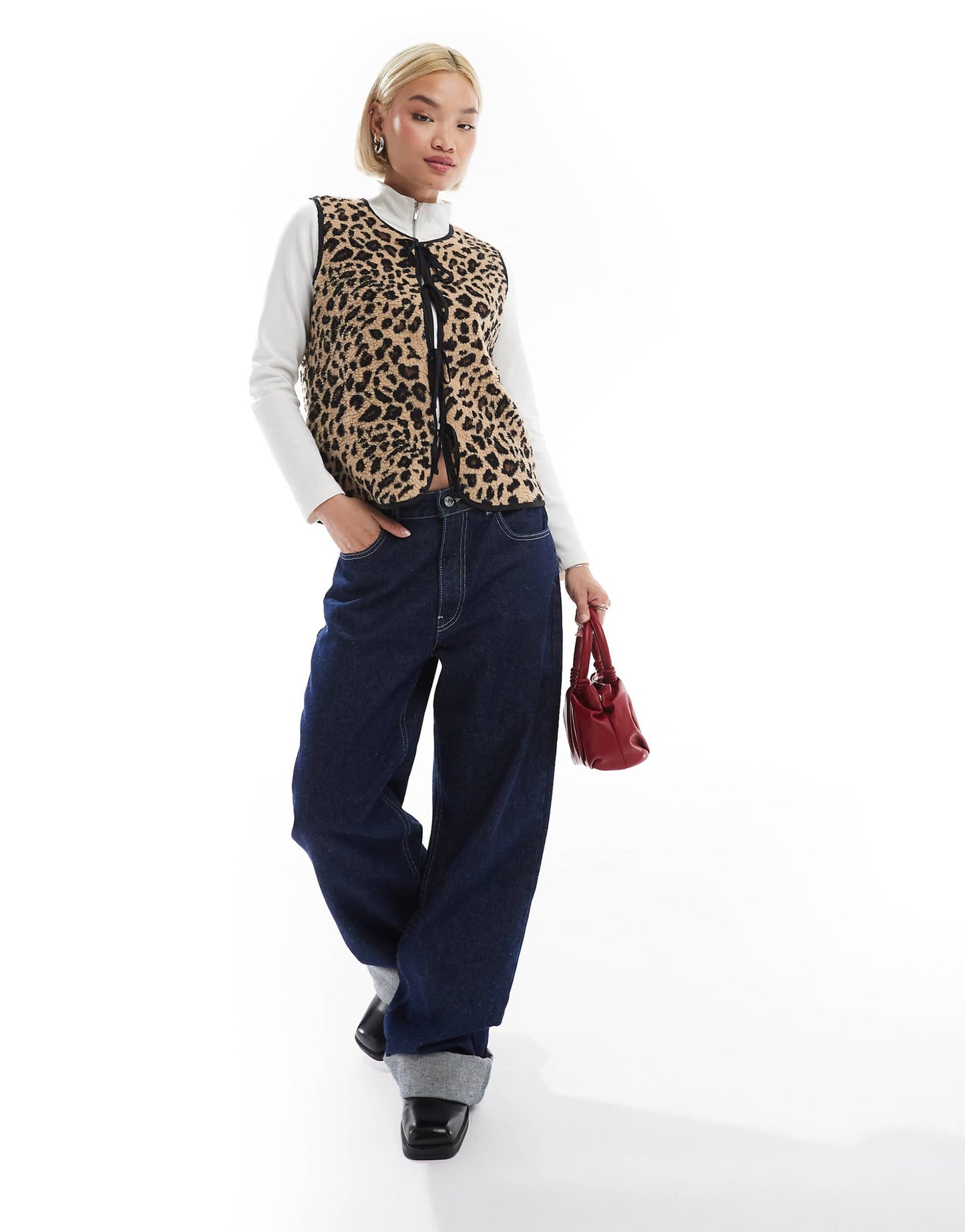 Leopard Print Tie Front Borg Gilet