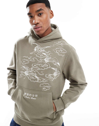 Oversized Embroidered Crane Hoodie