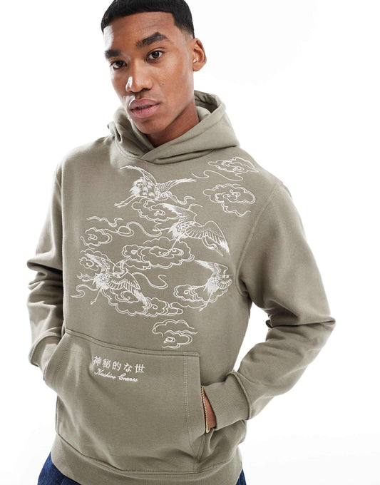 Oversized Embroidered Crane Hoodie