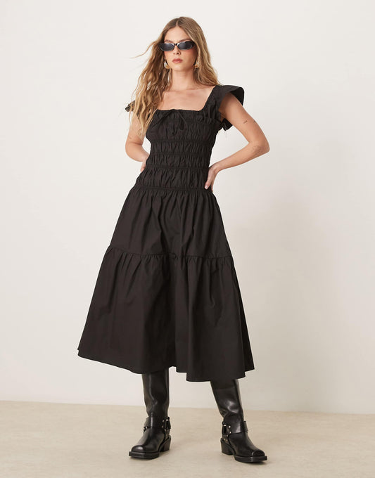 Short Sleeve Shirred Poplin Midi Dress