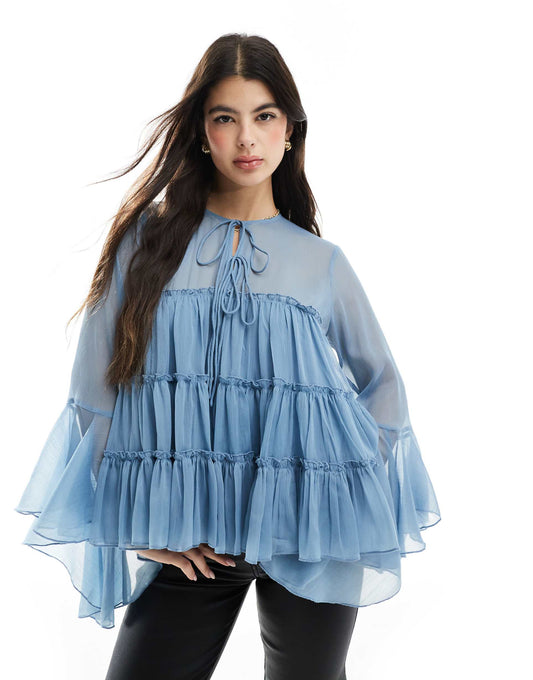 Tie Front Tiered Blouse With Ruffle Cuffs