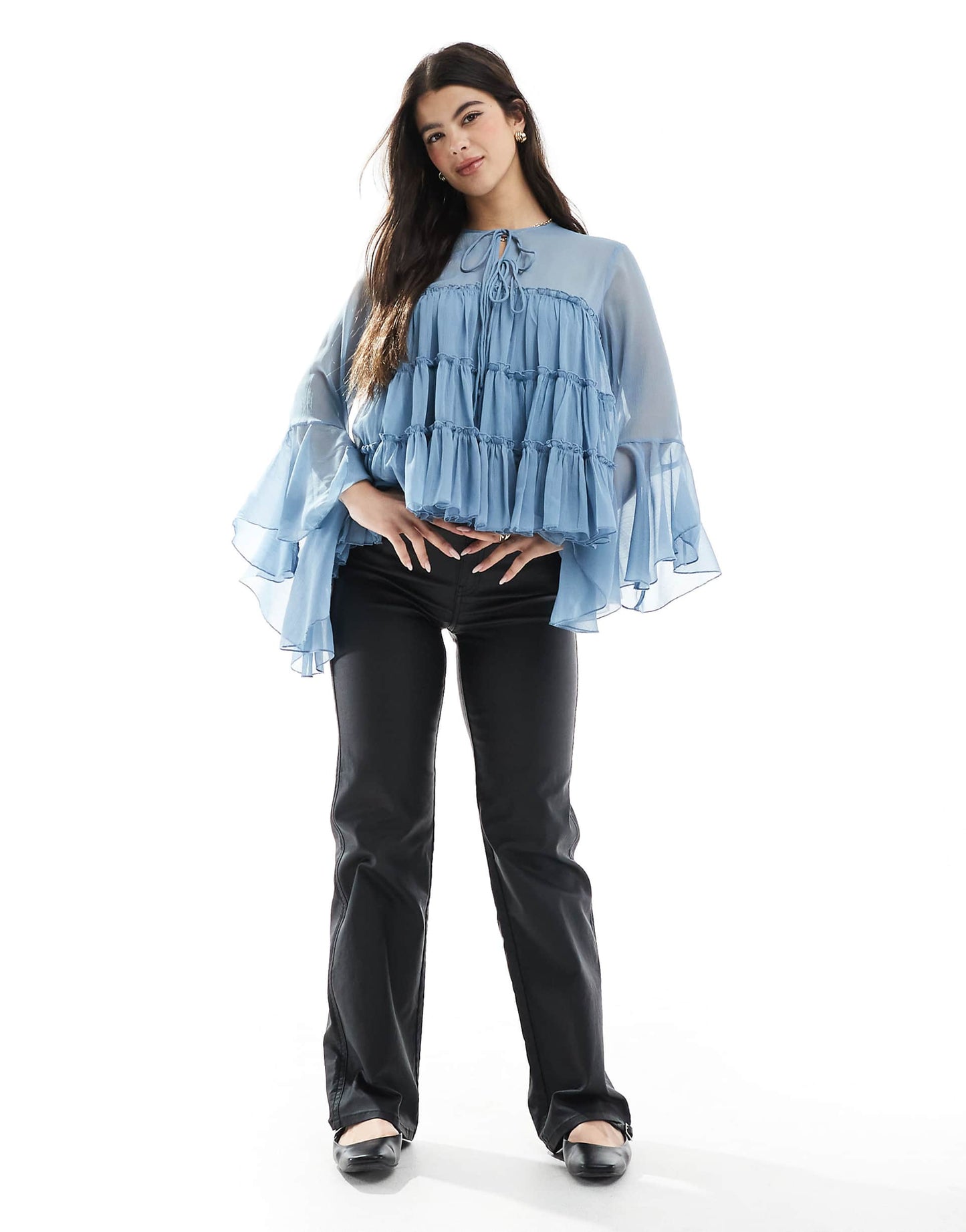 Tie Front Tiered Blouse With Ruffle Cuffs