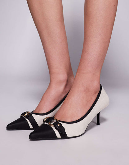 Wide Fit Buckle Detail Kitten Heel Court Shoes