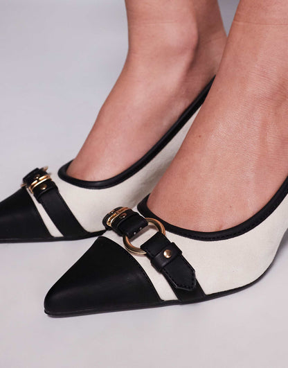 Wide Fit Buckle Detail Kitten Heel Court Shoes