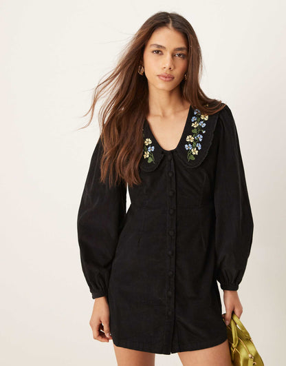 Primrose Cord Mini Dress With Embroidered Collar