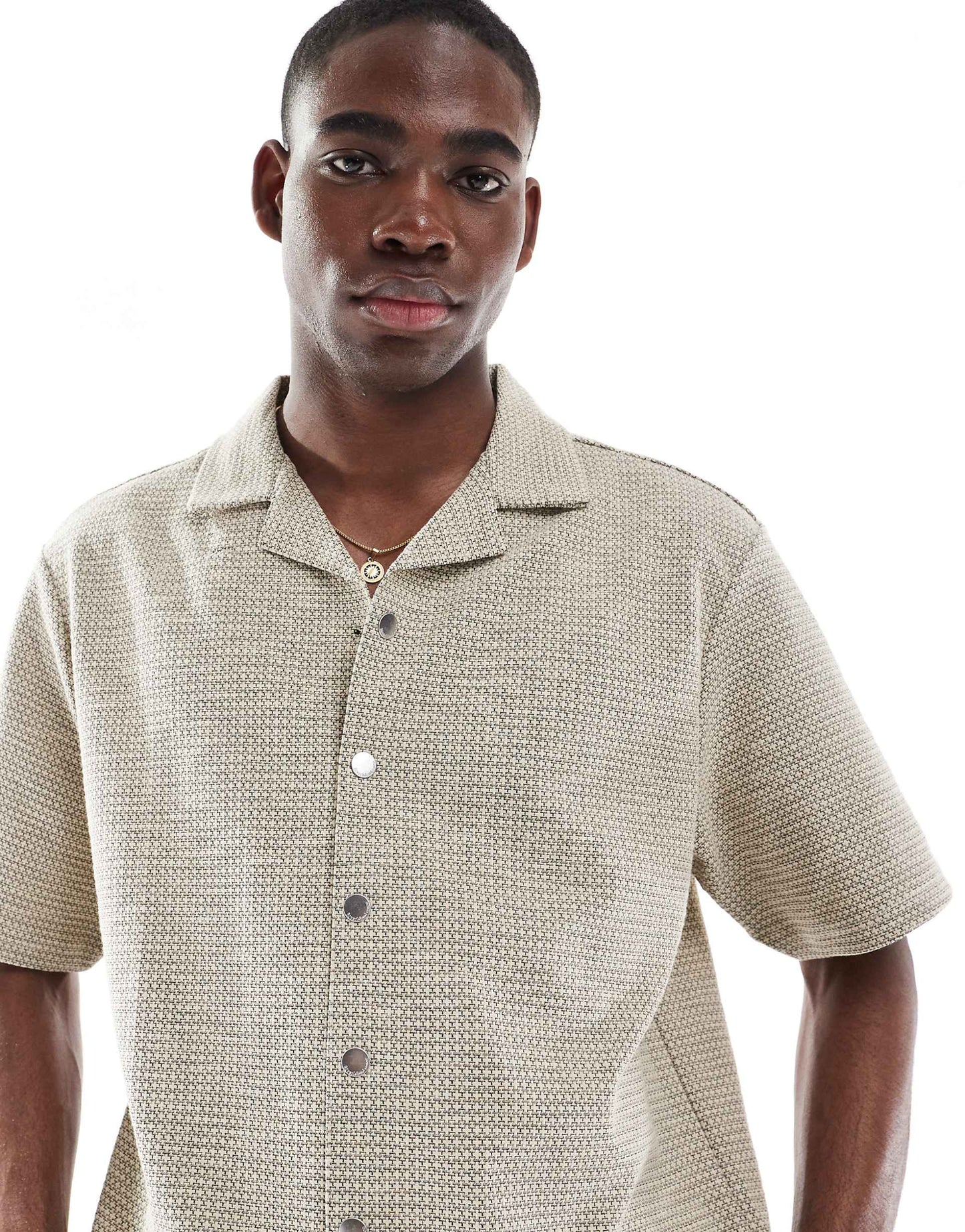 Revere Collar Textured Shirt With Taping