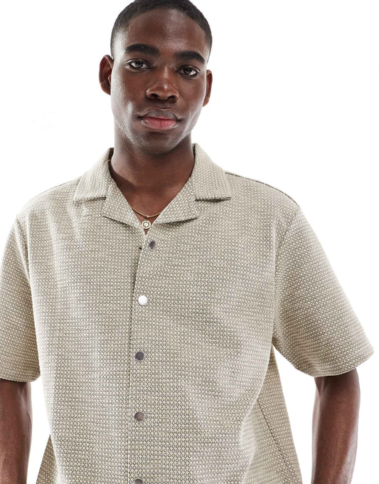 Revere Collar Textured Shirt With Taping