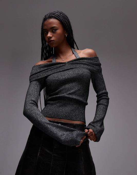 Halterneck And Bardot Long Sleeve Knitted Top