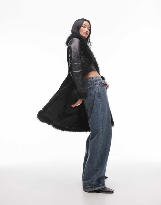 Fur Edge Leather Look Trench