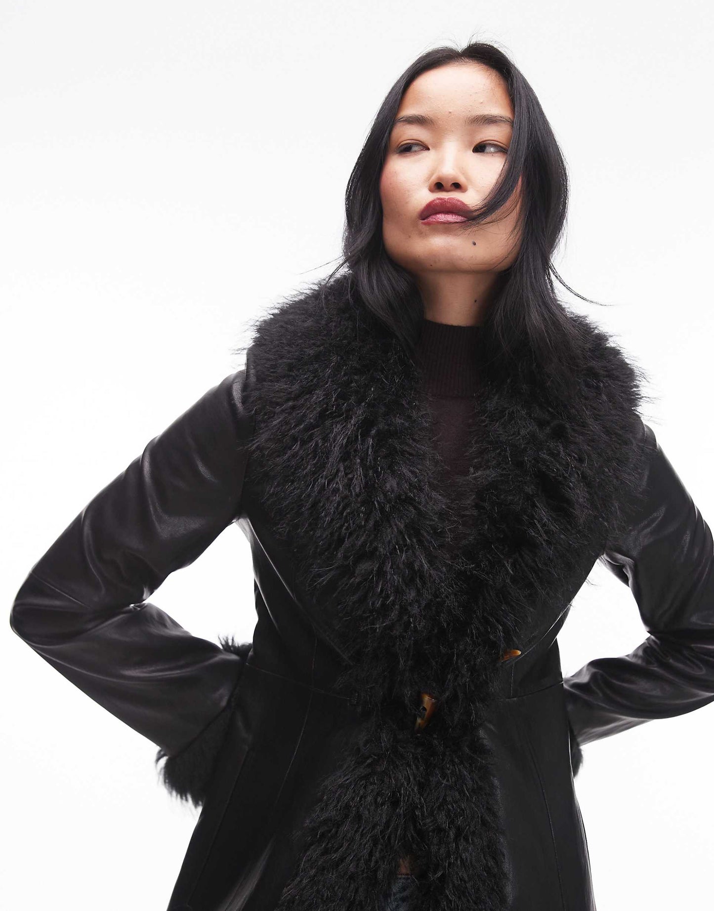 Fur Edge Leather Look Trench