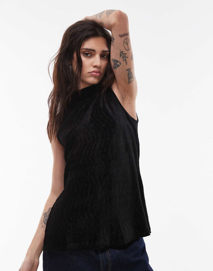 Plisse High Neck Sleeveless Top