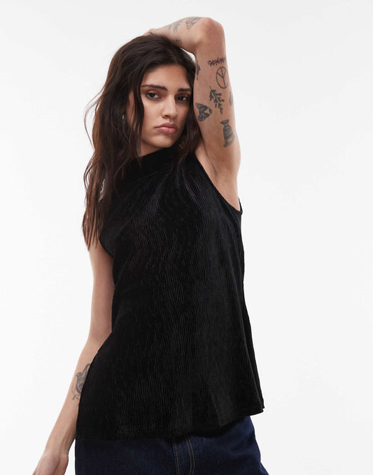 Plisse High Neck Sleeveless Top