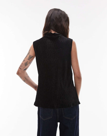 Plisse High Neck Sleeveless Top