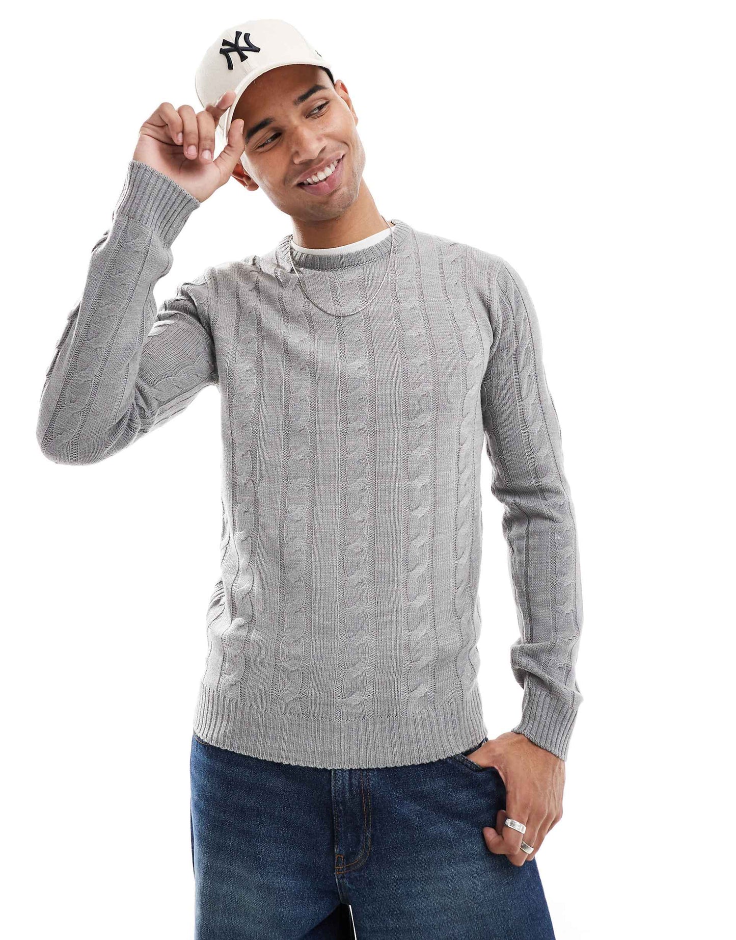 Crew Neck Cable Knit Jumper In Grey