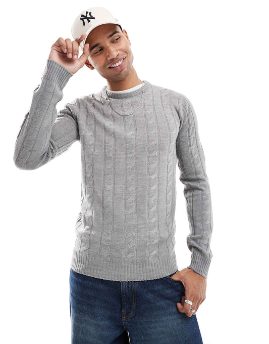 Crew Neck Cable Knit Jumper In Grey