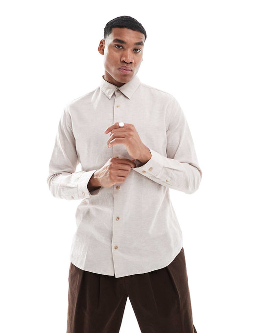 Long Sleeve Linen Blend Shirt Beige