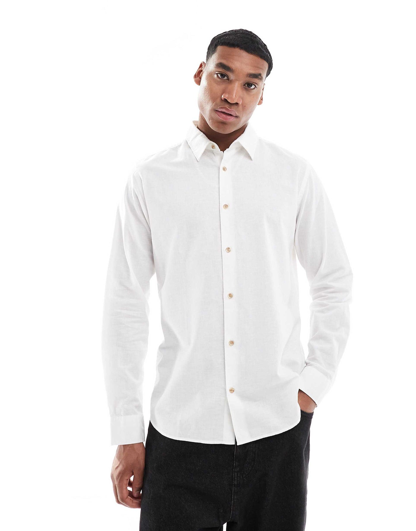 Long Sleeve Linen Blend Shirt White