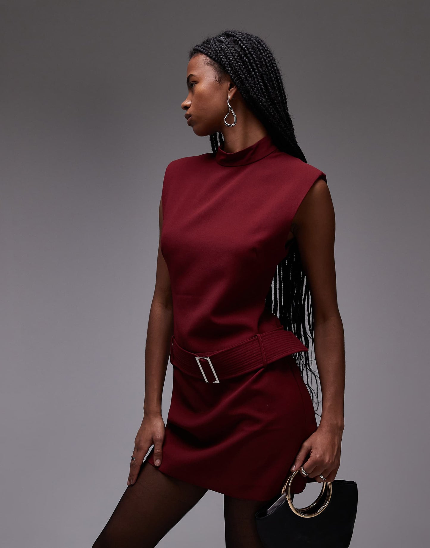 High Neck Belted Mini Dress